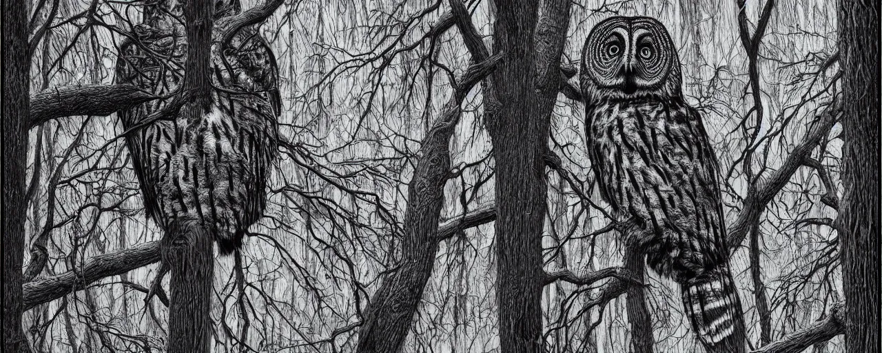 Prompt: beautiful hyperrealist highly detailed cinematic lighting nature photograph of a great grey owl on a tree branch, symmetrical full body, beautiful high contrast wood engraving, moebius and charles burns comic style, shocking detail trending on artstation 8 k