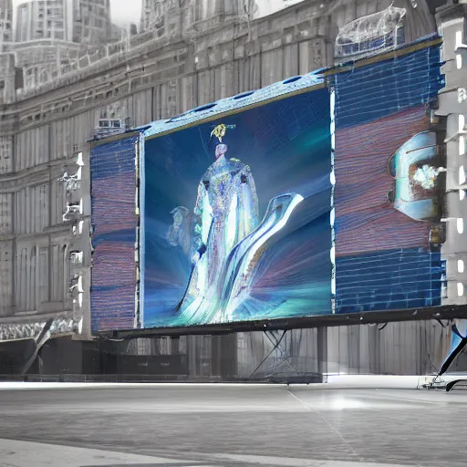 Image similar to sci-fi wall structure on the coronation of napoleon painting and photogrammetry point cloud digital billboard in the middle, unreal engine 5, keyshot, octane, artstation trending, ultra high detail, ultra realistic, cinematic, 8k, 16k, in style of zaha hadid, colors in style of nanospace Michael Menzelincev, colors in style of the Blade Runner 2049, in plastic, dark, tilt shift,