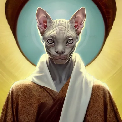 Image similar to godlike sphynx cat, animal sphynx cat, anthropomorphic sphynx cat, deity, holy robes, holy light aura, ultra details, art by artgerm, dwayne barlowe, trending on artstation and greg rutkowski and alphonse mucha, 8 k