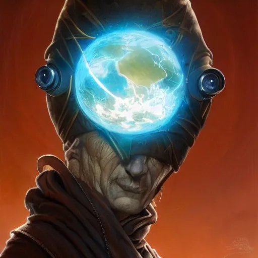 Image similar to masked nomad male wearing a cloak and holding a holographic planet projection in his hand, detailed, sci - fi, digital painting, artstation, sharp focus, illustration, ominous, artgerm, tomasz alen kopera, peter mohrbacher, donato giancola, joseph christian leyendecker, wlop, frank frazetta