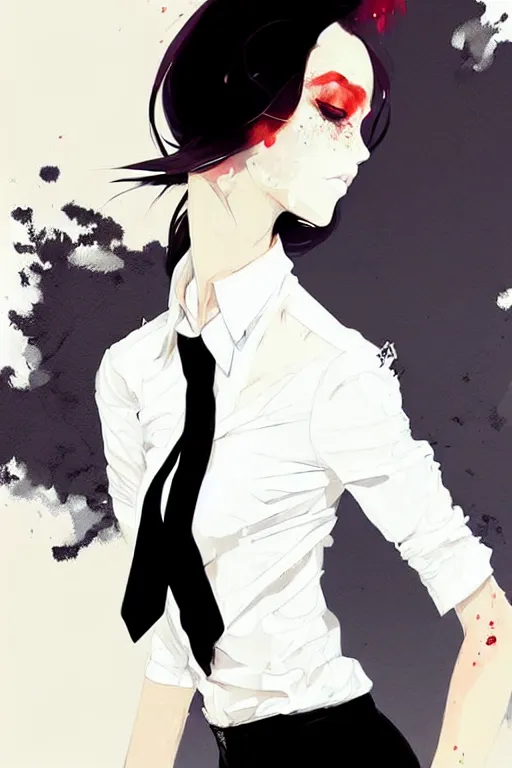 Image similar to a ultradetailed beautiful panting of a stylish woman, she is wearing a white shirt with a tie and black pants, by conrad roset, greg rutkowski and makoto shinkai trending on artstation