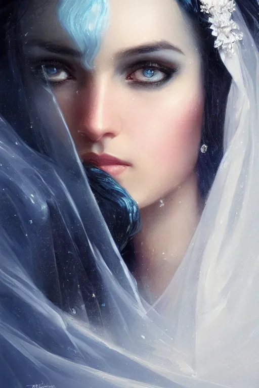 Image similar to arab Ameera al-Taweel, bright blue eyes, long wavy black hair, white veil, closeup, focus face, elegant, highly detailed, centered, oil painting, artstation, concept art by tom bagshaw