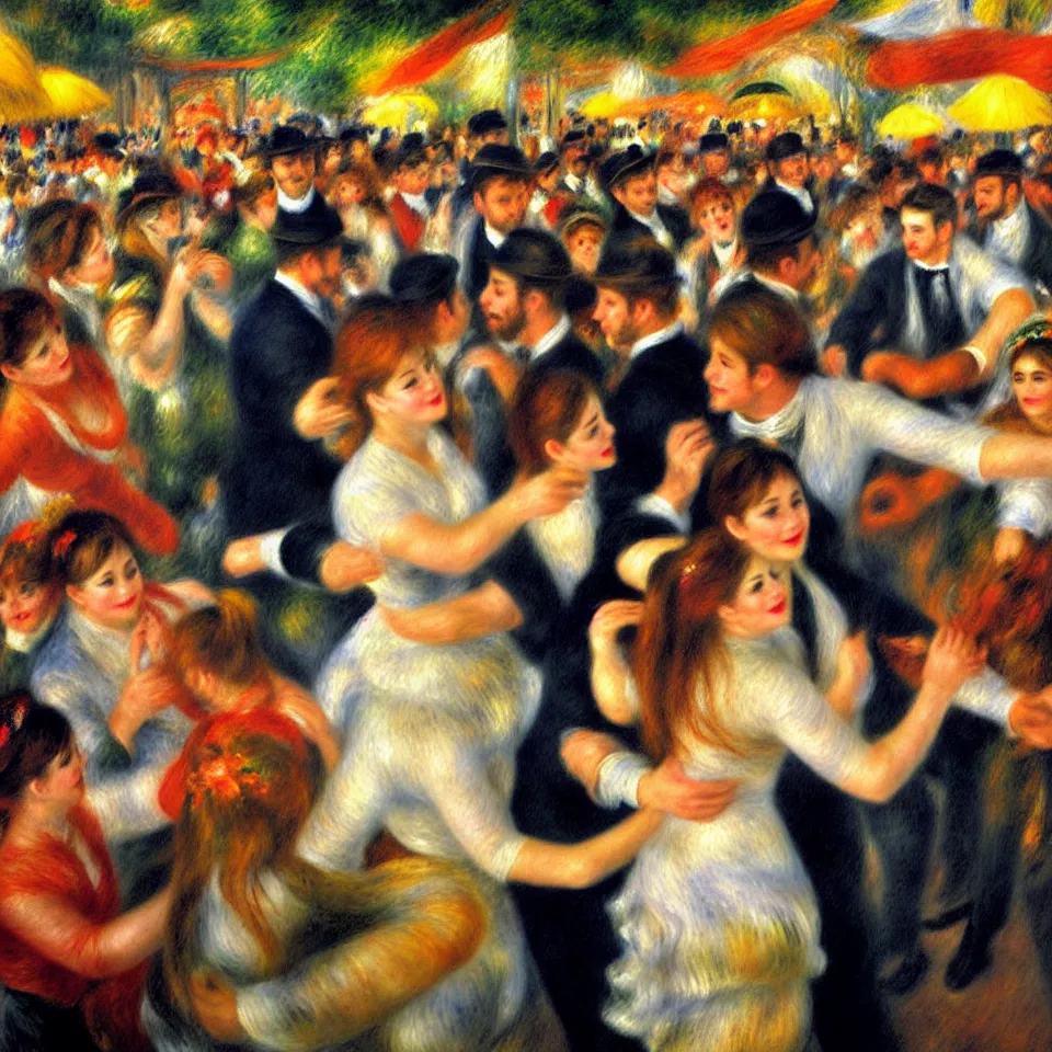 Prompt: renoir painting impressionist exhibition. vivacious and joyful atmosphere of this popular dance place on a new york rooftop in twilight. the study of the moving crowd, bathed in natural and artificial light, is handled using vibrant, brightly coloured brushstrokes. a somewhat blurred impression of the scene. portrayal of popular millenial life.