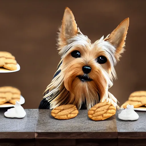 Prompt: a cute yorkshire terrier made entirely out of cookies, sitting on a bakery countertop, detailed, trending on artstation