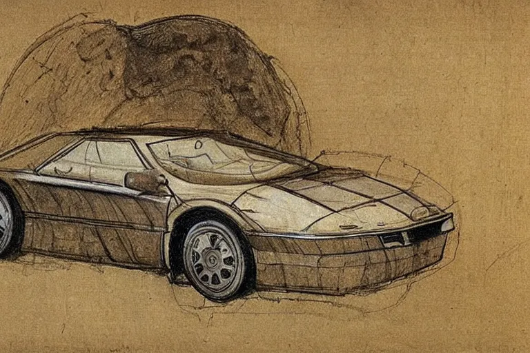 Image similar to ancient sketch by leonardo da vinci of a 1 9 8 8 lancia 0 3 7