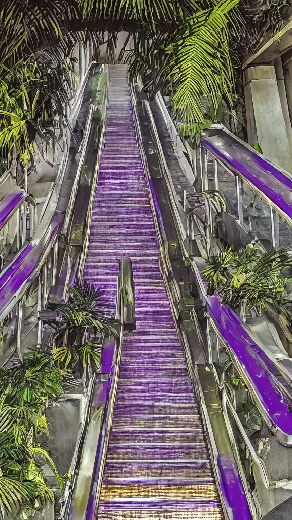 Prompt: 1980s color magazine photo of an escalator in a decaying abandoned mall, with interior potted palm trees, dappled sunlight, cool purple color palette