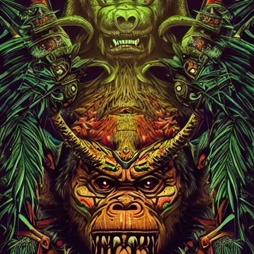 Image similar to barong family member, wiwek, mara demon, one single tribe member, jungle, one single mask, dark, ancient warrior, gorilla, lizard, tribal, inner glow, art by dan mumford and justin gerard