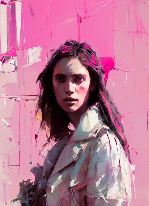 Image similar to outdoor portrait of a beautiful girl, shades of pink, beautiful face, rule of thirds, intricate outfit, spotlight, by greg rutkowski, by jeremy mann, by francoise nielly, digital painting