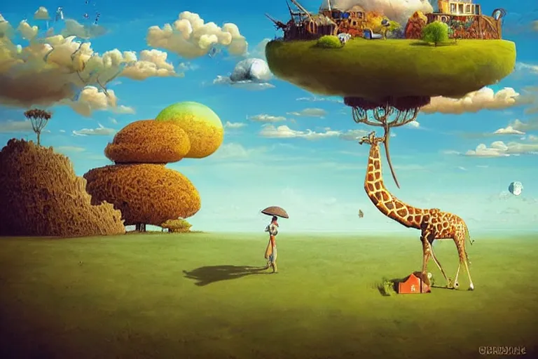 Image similar to surreal glimpse into other universe, floating island in the sky, sky, sea, wind, happy giraffe, summer morning, very coherent and colorful high contrast, art by!!!! gediminas pranckevicius!!!!, geof darrow, dark shadows, hard lighting