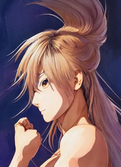 Prompt: Face portrait of a very very beautiful muscular anime girl with tanned skin and cream colored hair wearing a fur coat, watercolor, digital painting, art by Kenichi Sonoda ((Moebius)) Makoto Shinkai (((Shirow Masamune))) and Katsuhiro Otomo, very detailed, sharp focus, digital painting, cyberpunk, high quality, color manga panel, hard shadows