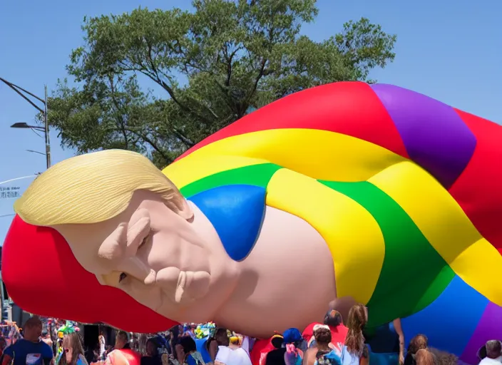 Prompt: pride parade float in the shape of donald trump's head, photorealistic, canon 5 d, sharp, sunlight, reflection, inflatable, rainbow