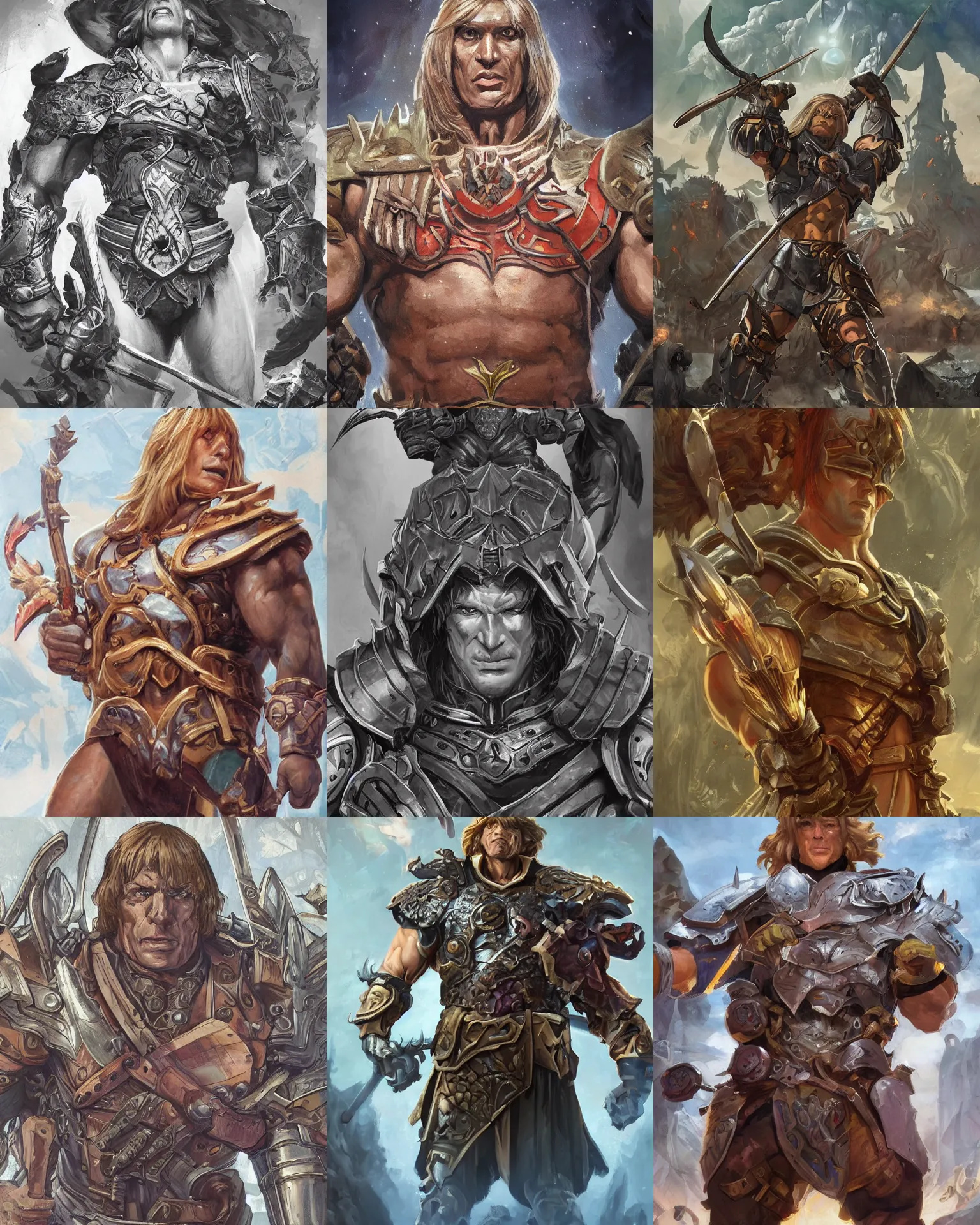 Image similar to He-Man!!!!!, closeup, D&D, sci fi,fantasy, intricate,with german iron cross on chest armor ,elegant, loin cloth ,highly detailed, oill painting, artstation, concept art, matte, sharp focus, illustration, hearthstone, art by Artgerm and Greg Rutkowski and Alphonse Mucha