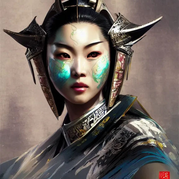 Image similar to ancient chinese princess with cyberpunk mask, dynasty warriors, elegant, unreal engine, rgb background, 8 k, silver color scheme, headshot, highly detailed, smooth, ink painting, artstation, concept art, in style of yoji shinkawa, pan ren wei, col price, atey ghailan, by greg rutkowski, aesthetic