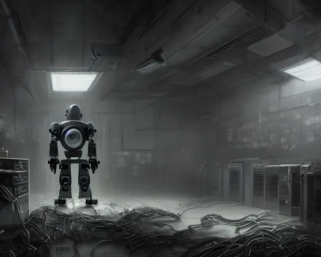 Prompt: gloomy ruined server room in datacenter painting concept art of robot knight colossus welder mono eyed, sharp focus, emitting diodes, smoke, artillery, pacing, computers, racks, motherboard, by pascal blanche rutkowski repin artstation hyperrealism detailed matte painting, 4 k resolution blade runner