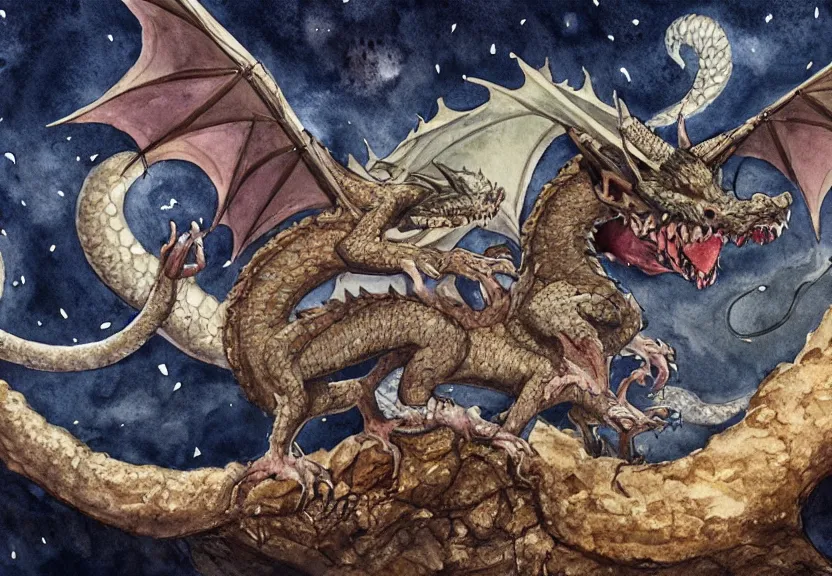 Image similar to possum dragon at a medieval castle under a dark starred sky, dark fantasy, watercolor, dreaming illusion, highly detailed, 4k, trending on Artstation, award-winning