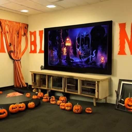 Image similar to Halloween TV show room with big screen on the wall by Disney Concept Artists, blunt borders, rule of thirds