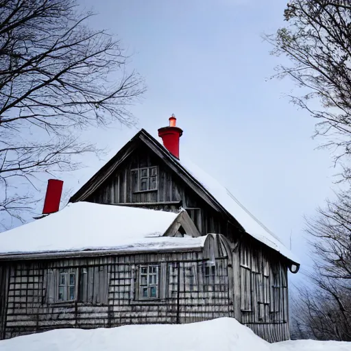 Prompt: old Swedish house on the top of Niagra falls