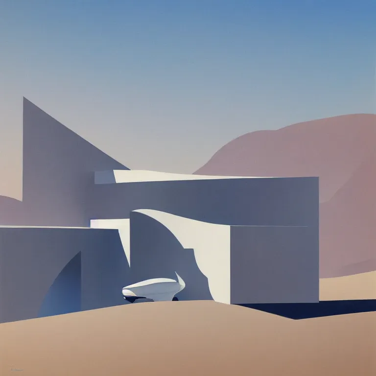 Prompt: Zaha Hadid architecture building in a desert, painted by Edward Hopper, painted by James Gilleard, airbrush