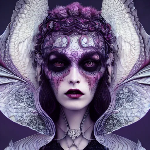 Image similar to tom bagshaw, soft painting fractal curiosities fairy carnival, single beautiful female facing camera huge wings in full nightshade gothic armor, accurate features, focus, very intricate ultrafine details, black white purple volumetric clouds, award winning masterpiece, octane render 8 k hd