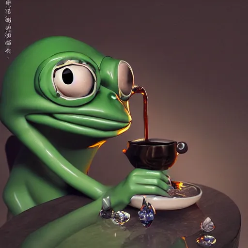 Prompt: plasticine wet shiny angels, crystal, moonlit, mirrors, camera angled dramatically, realistic, a hyperdetailed design of pepe the frog drinking coffee, wearing blue shirt and eye glasses, ferocious, chinese mythology, victo nga, fumo yoshitoshi, ren jing jeong, feifei ruan, peter mohrbacher, takato yamamoto