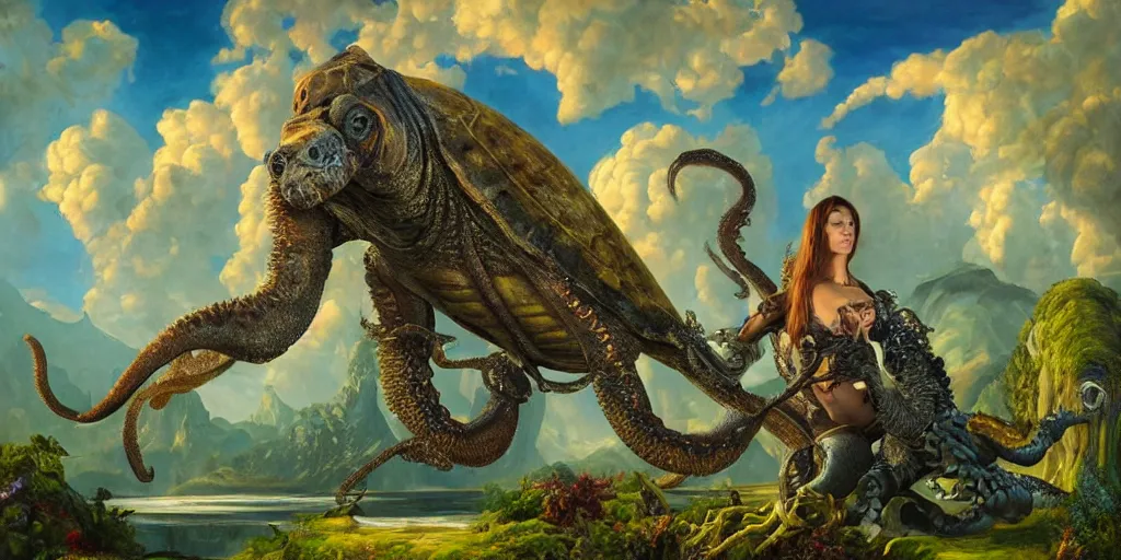 Image similar to fantasy oil painting, great leviathan, cybernetic turtle cephalopod terrapin reptilian pachyderm squid, bella hadid, hybrid, milla jovovich, anubis, epic natural light, lush plants flowers, spectacular mountains, bright clouds, luminous sky, outer worlds, golden hour, michael cheval, edward hopper, michael whelan, vray, hd