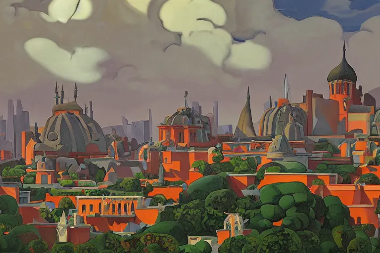 Image similar to view of the old grey city and its gardens after a storm, tall windows lit up, beautiful ornamental architecture, dramatic cinematic lighting, rich colors, by Nicholas Roerich and William Dyce and April Gornik and Sylvain Sarrailh and Ludwig Deutsch and Diego Rivera, featured on artstation