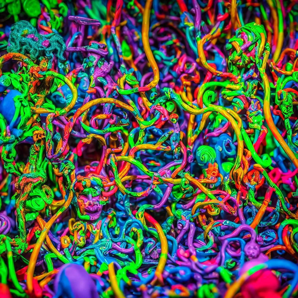 Prompt: detailed plasticine god in the neon garden of eden, sunlit, camera angled dramatically, psychedelic close up photograph, depth of field