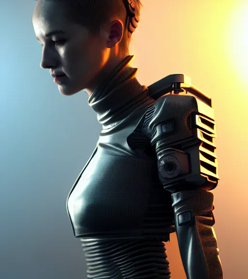 Image similar to complex 3 d render, hyper detailed, ultrasharp, cyberpunk android girl, digital portrait, concept art, illustration, natural soft rim light, hyper realistic, ultra detailed, 0 6 0 8 wear techwear clothing, octane render, darriel diano style, volumetric lighting, 8 k post - production, artstation hq, unreal engine 5, unity engine