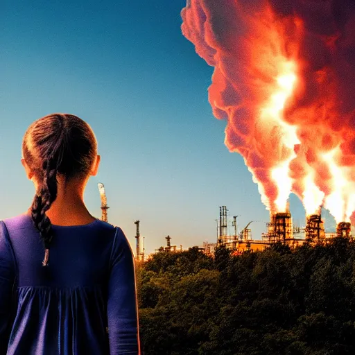 Prompt: epic photo of greta thunberg as super girl realistic backlit background oil refinery explosions and black smoke