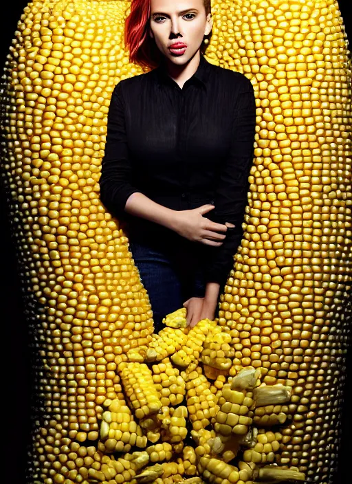 Prompt: scarlett johansson looking at the camera while the end of a corn on the cobb is in her mouth. sadly the corn on the cobb was too buttered so it's all over her face, real photo, photoshooting, studio light, black background, intricate, epic lighting, cinematic composition, hyper realistic, 8k resolution, unreal engine 5