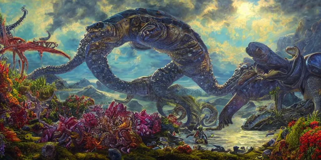 Image similar to fantasy oil painting, great leviathan, cybernetic turtle cephalopod terrapin reptilian pachyderm squid, bella hadid, hybrid, milla jovovich, anubis, epic natural light, lush plants flowers, spectacular mountains, bright clouds, luminous sky, outer worlds, golden hour, michael cheval, edward hopper, michael whelan, vray, hd