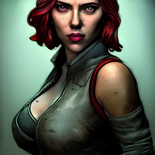 Image similar to scarlett johansson portrait, borderlands, tales from the borderlands, the wolf among us, comic, cinematic lighting, studio quality, 8 k