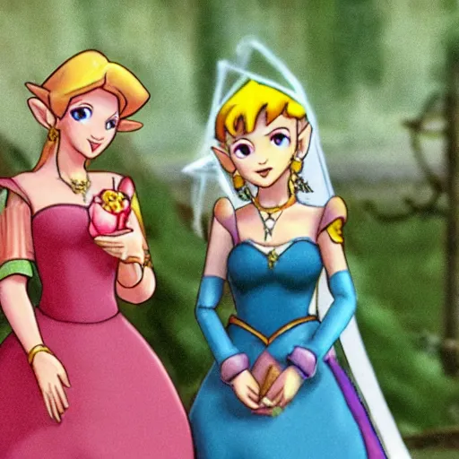 Image similar to the lesbian wedding of princess peach and princess zelda, photo, photograph, film