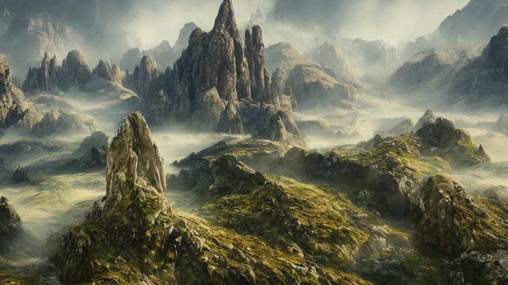 Prompt: epic landscape with large mountains and pillars of rock emerging from the ground, cinematic, light mist, volumetric lighting, hyperrealistic, detailed, arial view, fantastical 4 k hd