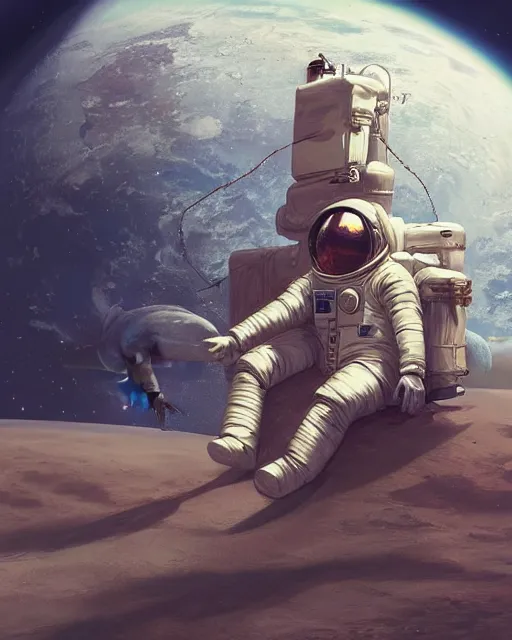 Prompt: sitting astronaut under the horse holding rig, artstation