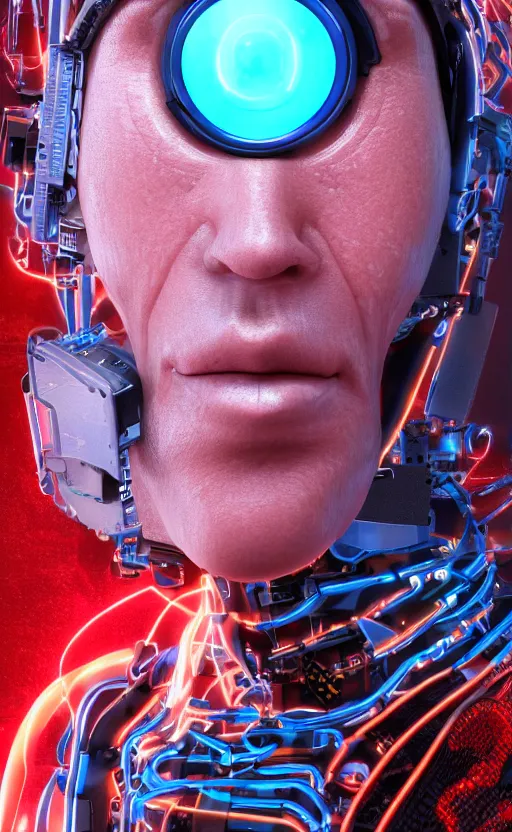 Image similar to a beautiful!! photo of a middle - aged!! bionic!! male!! cyborg, cyberpunk, circuit boards, electronic components, augmented vision, volumetric light, photography, dystopian, extremely detailed, photorealistic!, stunning, digital art trending on artstation, orange, cyan, washed out colors