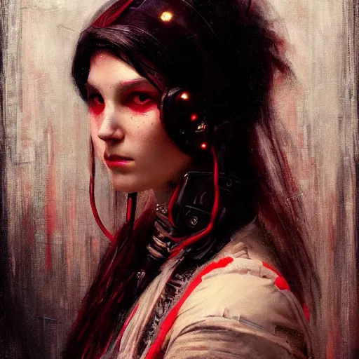 Image similar to Solomon Joseph Solomon and Richard Schmid and Jeremy Lipking victorian genre painting portrait painting of a young beautiful woman android cyberpunk future hacker punk rock in fantasy costume, red background