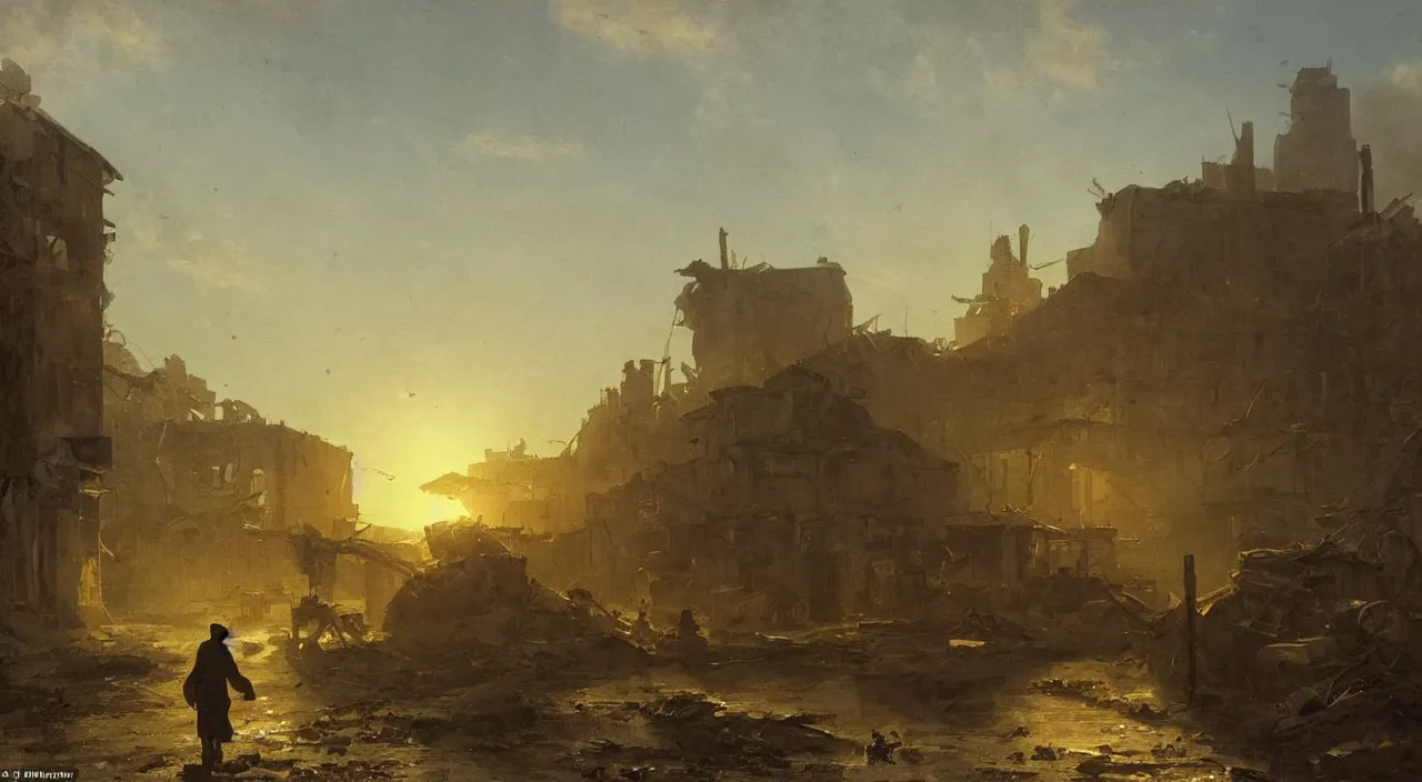 Prompt: a sad solitary old man looks on as in the evening sunlight as in the distance a factory is demolished, in the style of andreas achenbach and anton fadeev