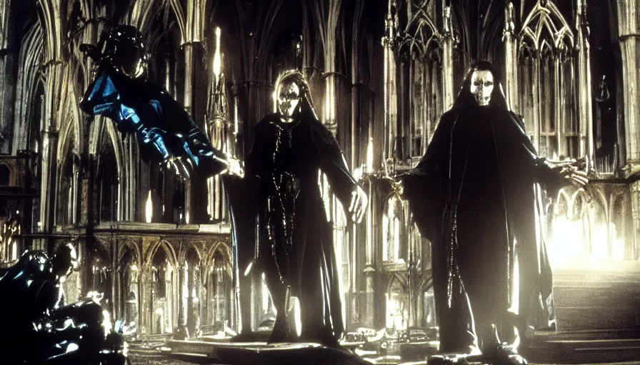 Image similar to 80s movie by James Cameron about a gothic techno-cathedral where a lavishly dressed necromancer priest raising a cyborg zombie from the grave