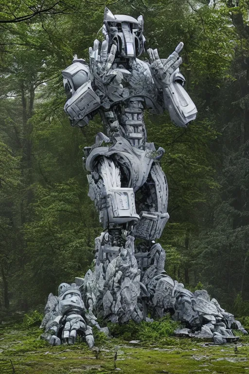 Prompt: A large robot statue made of stone covered in foliage in the middle of a forest by Greg Rutkowski, Sung Choi, Mitchell Mohrhauser, Maciej Kuciara, Johnson Ting, Maxim Verehin, Peter Konig, final fantasy , 8k photorealistic, cinematic lighting, HD, high details, atmospheric,