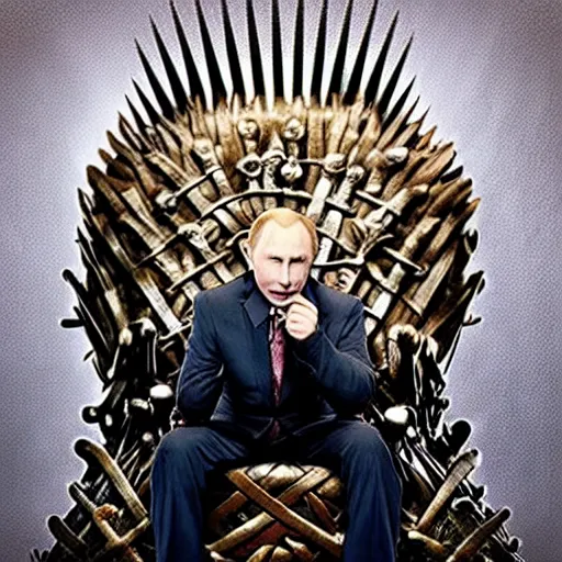 Image similar to “Putin sitting on the iron throne award winning, 4k realistic Photograph, face highly detailed”