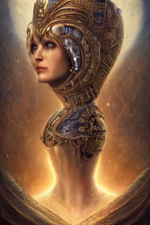 Image similar to portrait of a beautiful female atlantean anubis alien warrior, regal, realistic, refined, detailed digital art, oil painting, michael cheval, esao andrews, art frahm, steampunk, walt disney ( 1 9 3 7 ), highly detailed, cinematic lighting, unreal engine, 8 k, hd