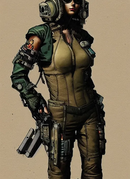 Image similar to beautiful cyberpunk mercenary in military vest and jumpsuit. dystopian. portrait by stonehouse and mœbius and will eisner and gil elvgren and pixar. realistic proportions. cyberpunk 2 0 7 7, apex, blade runner 2 0 4 9 concept art. cel shading. gorgeous face. thick lines.