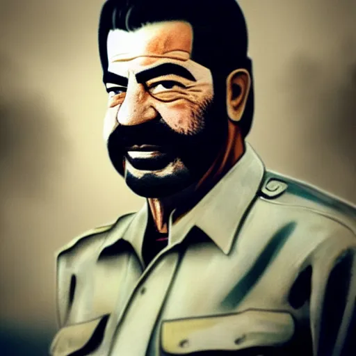 Image similar to portrait of Saddam Hussein, Baghdad skyline background, washed out colors, ambient lighting, dynamic lighting, lens flare, 4K, HQ, official media, detailed, trending on artstation