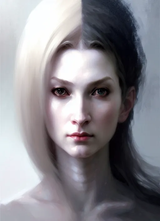 Image similar to character concept portrait of a female wizard with pale skin, dark vibe, intricate, elegant, digital painting, concept art, smooth, sharp focus, illustration, from Metal Gear, by Ruan Jia and Mandy Jurgens and William-Adolphe Bouguereau, Artgerm,