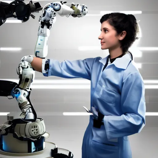 Image similar to a female scientist with a futuristic robotic arm