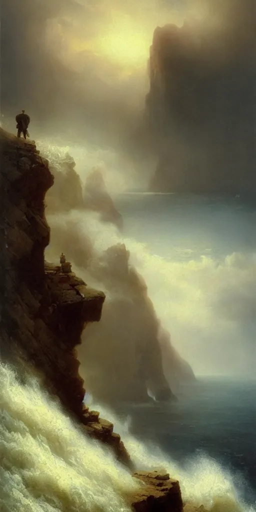 Image similar to a big cliff at the middle of the day in 1 9 4 0, stormy sea, a only men stand up at the edge of the precipice, steam punk, mystical yellow fog, oil on canvas, art by andreas achenbach, clemens ascher, tom bagshaw and sabbas apterus,