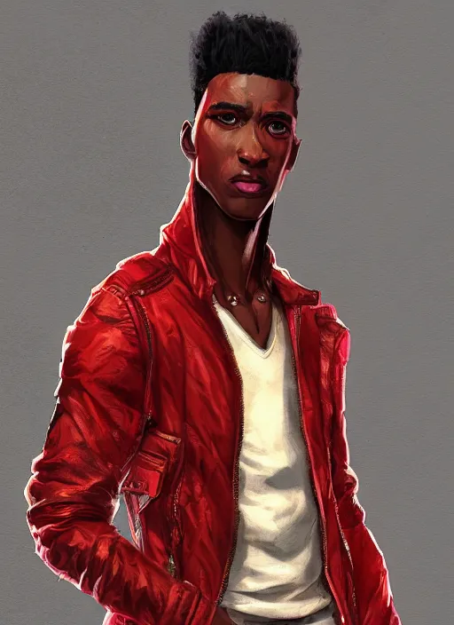 Image similar to a highly detailed illustration of attractive young african guy with flat top hair wearing red jacket, dramatic standing pose, intricate, elegant, highly detailed, centered, digital painting, artstation, concept art, smooth, sharp focus, league of legends concept art, wlop