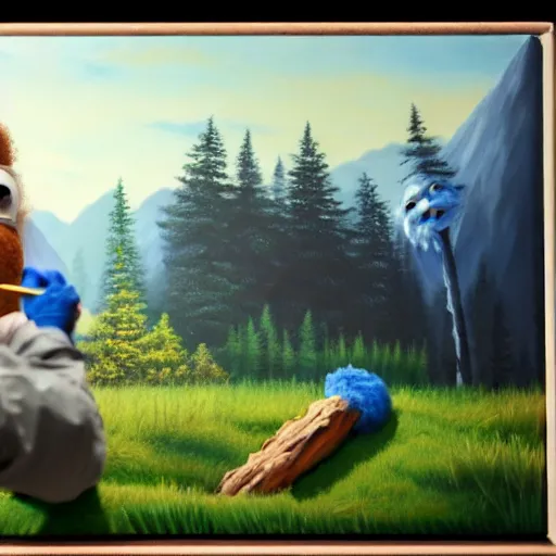 Image similar to a closeup photorealistic photograph of bob ross working on a canvas painting of cookie monster. film still. brightly lit scene. mountains and trees. this 4 k hd image is trending on artstation, featured on behance, well - rendered, extra crisp, features intricate detail, epic composition and the style of unreal engine.