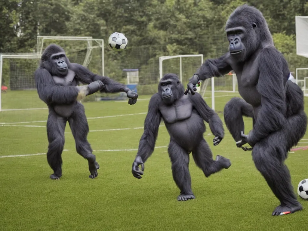 Prompt: gorilla with vr headset playing soccer, vivid